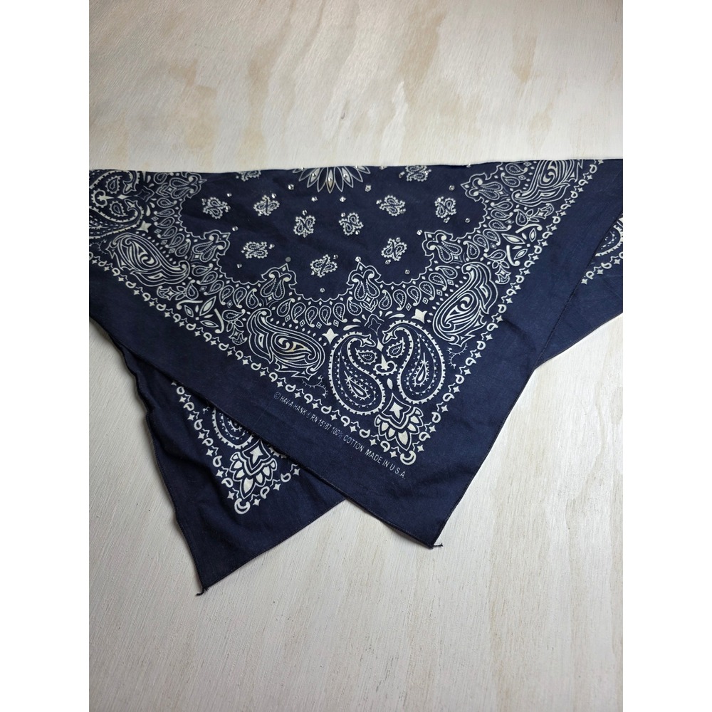 Hav-A-Hank Navy Blue Paisley Rhinestone Bandana Made in USA Cotton Western Boho